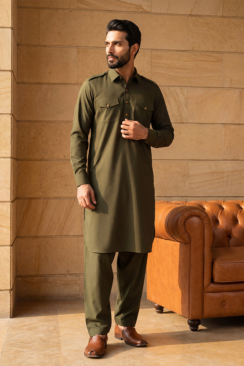 Men Green Viscose Rayon Solid Straight Pathani Set MKSET2201