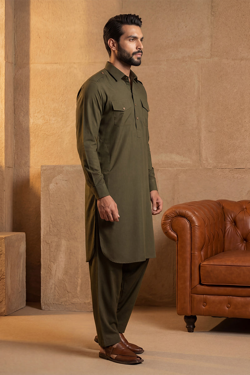 Men Green Viscose Rayon Solid Straight Pathani Set