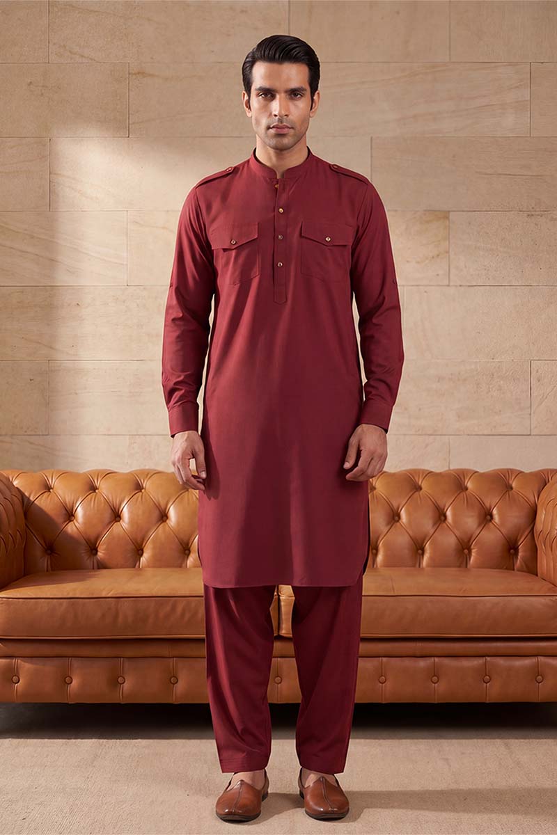 Men Red Viscose Rayon Solid Straight Pathani Set MKSET2370