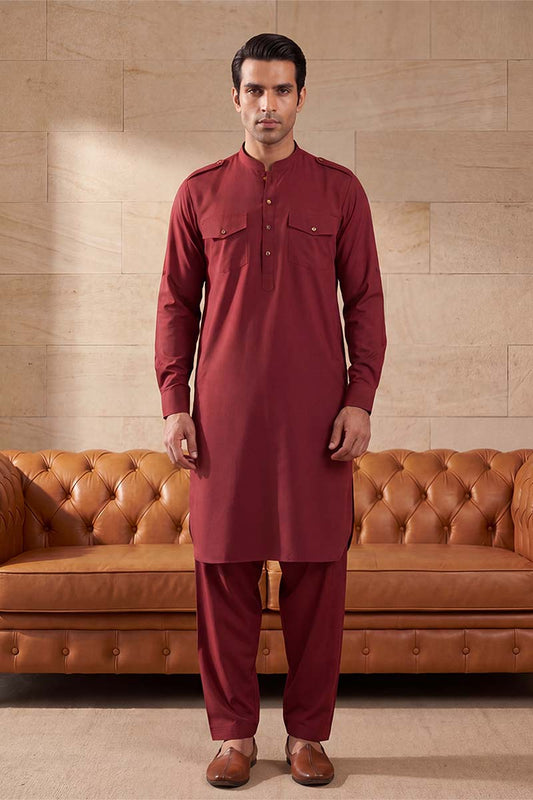 Men Red Viscose Rayon Solid Straight Pathani Set MKSET2370