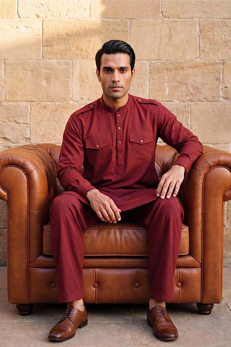 Men Red Viscose Rayon Solid Straight Pathani Set MKSET2370