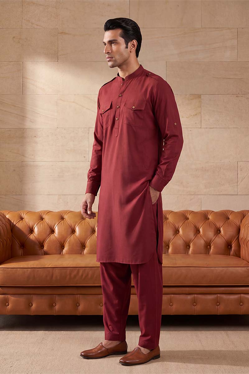 Men Red Viscose Rayon Solid Straight Pathani Set MKSET2370