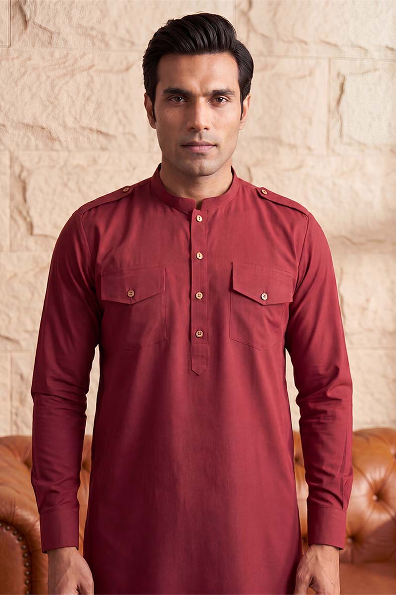 Men Red Viscose Rayon Solid Straight Pathani Set MKSET2370
