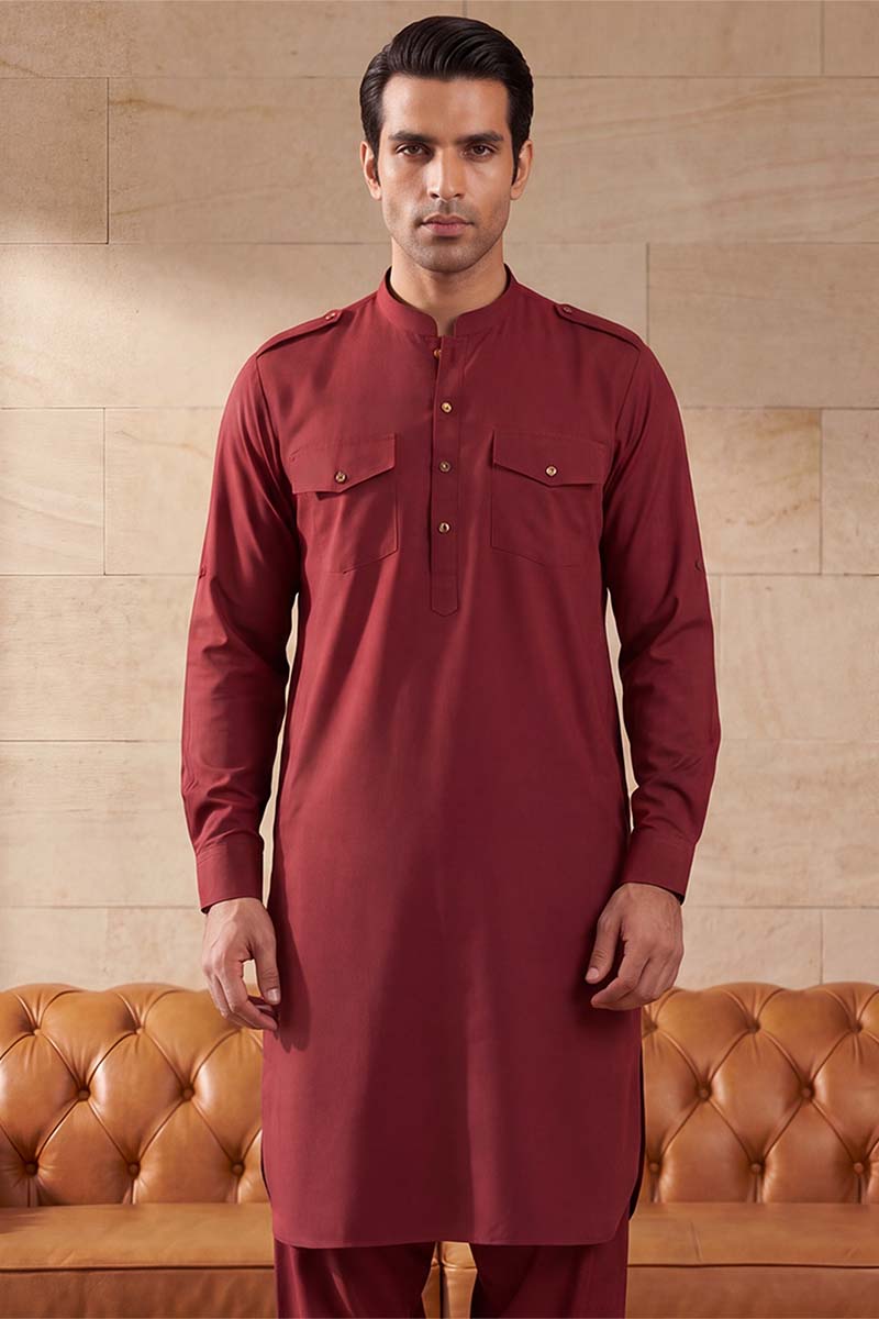 Men Red Viscose Rayon Solid Straight Pathani Set