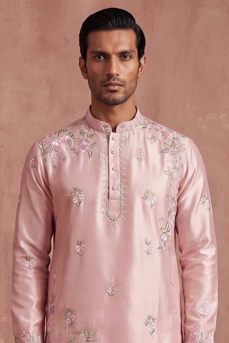 Men Pink Silk Blend Embroidered Straight Kurta Sets MKSET2401