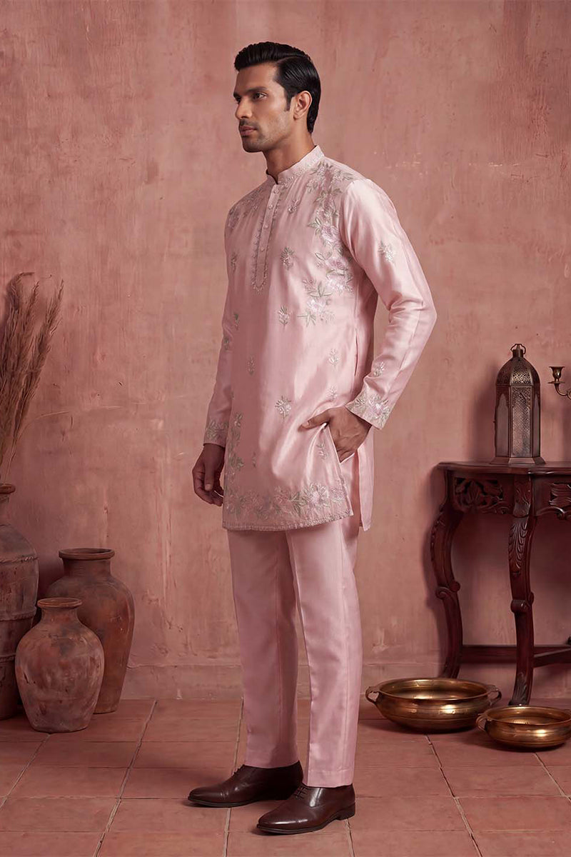 Men Pink Silk Blend Embroidered Straight Kurta Sets MKSET2401