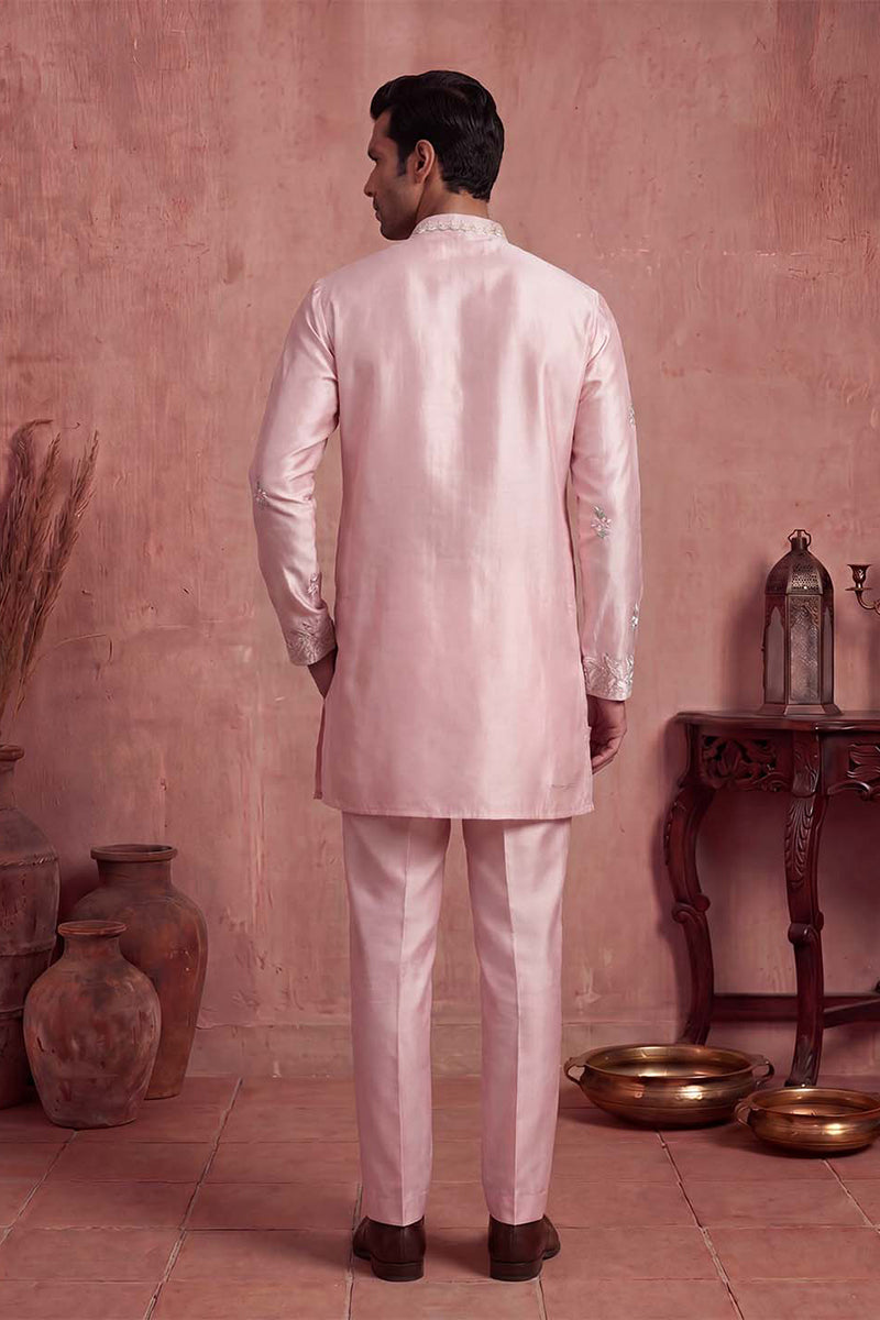 Men Pink Silk Blend Embroidered Straight Kurta Sets MKSET2401