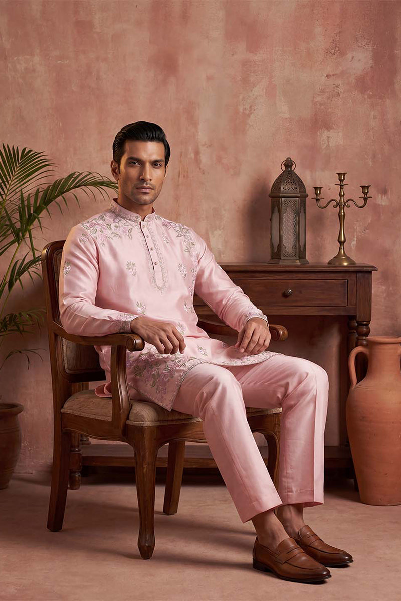 Men Pink Silk Blend Embroidered Straight Kurta Sets