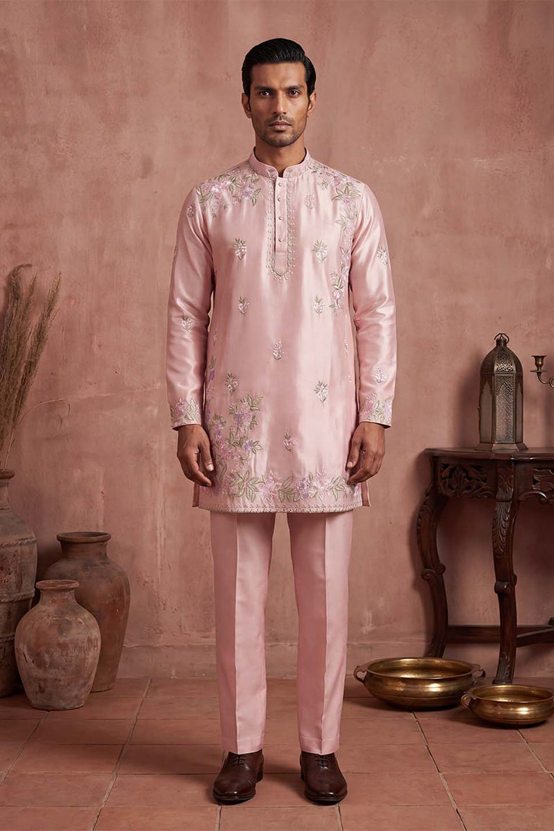 Men Pink Silk Blend Embroidered Straight Kurta Sets