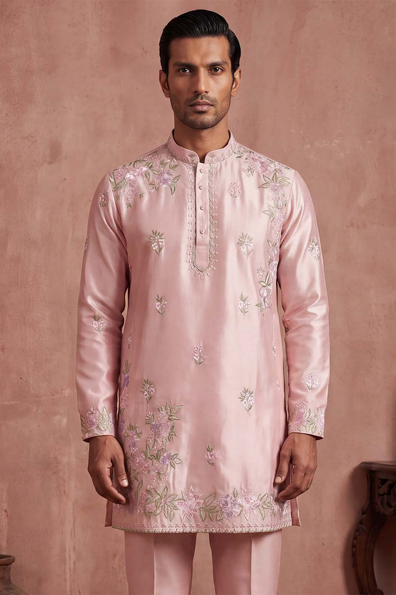 Men Pink Silk Blend Embroidered Straight Kurta Sets