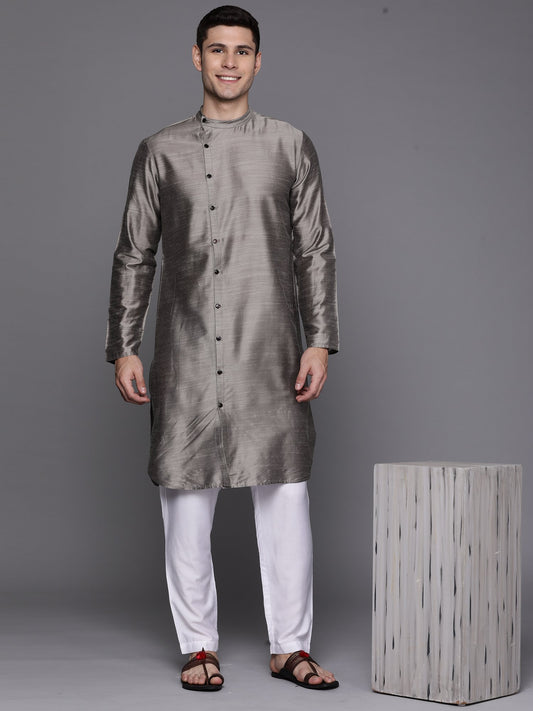 Indo Era - Grey Solid Liva Straight Kurta Only