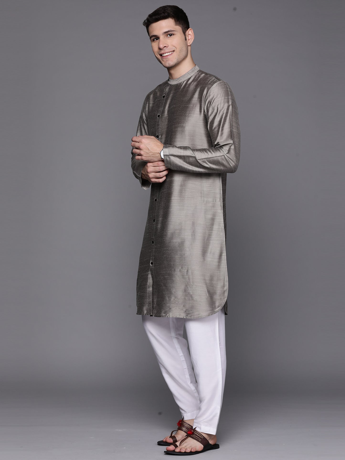 Indo Era - Grey Solid Liva Straight Kurta Only