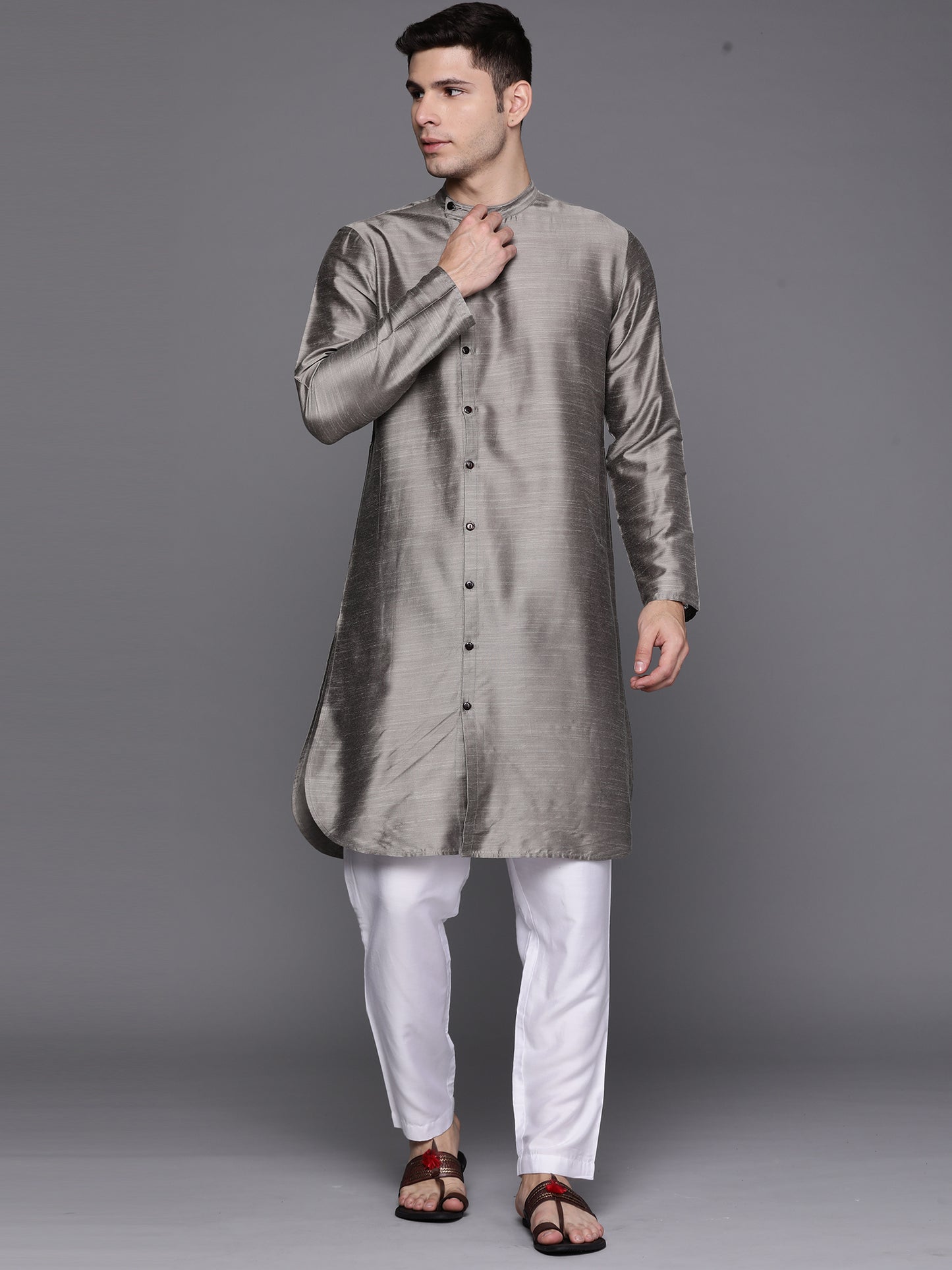 Indo Era - Grey Solid Liva Straight Kurta Only