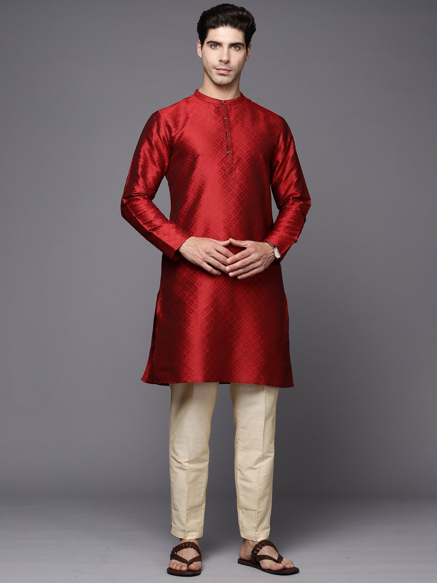 Indo Era - Maroon Solid Silk Blend Straight Kurta Only