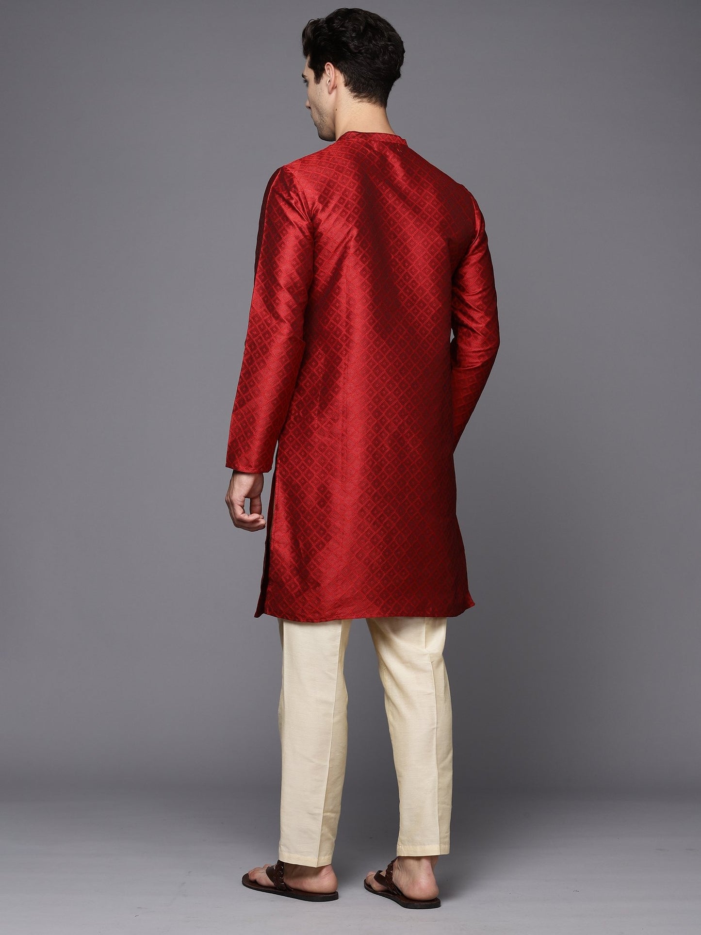 Indo Era - Maroon Solid Silk Blend Straight Kurta Only