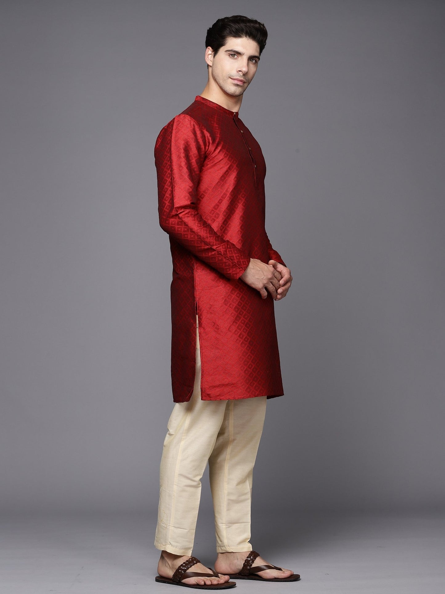 Indo Era - Maroon Solid Silk Blend Straight Kurta Only