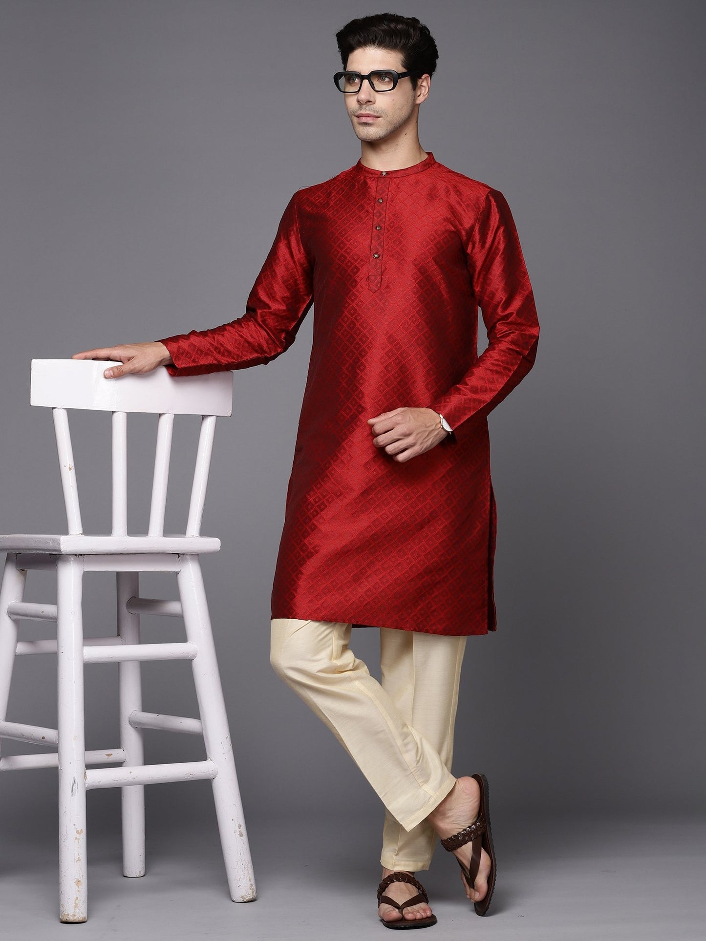 Indo Era - Maroon Solid Silk Blend Straight Kurta Only