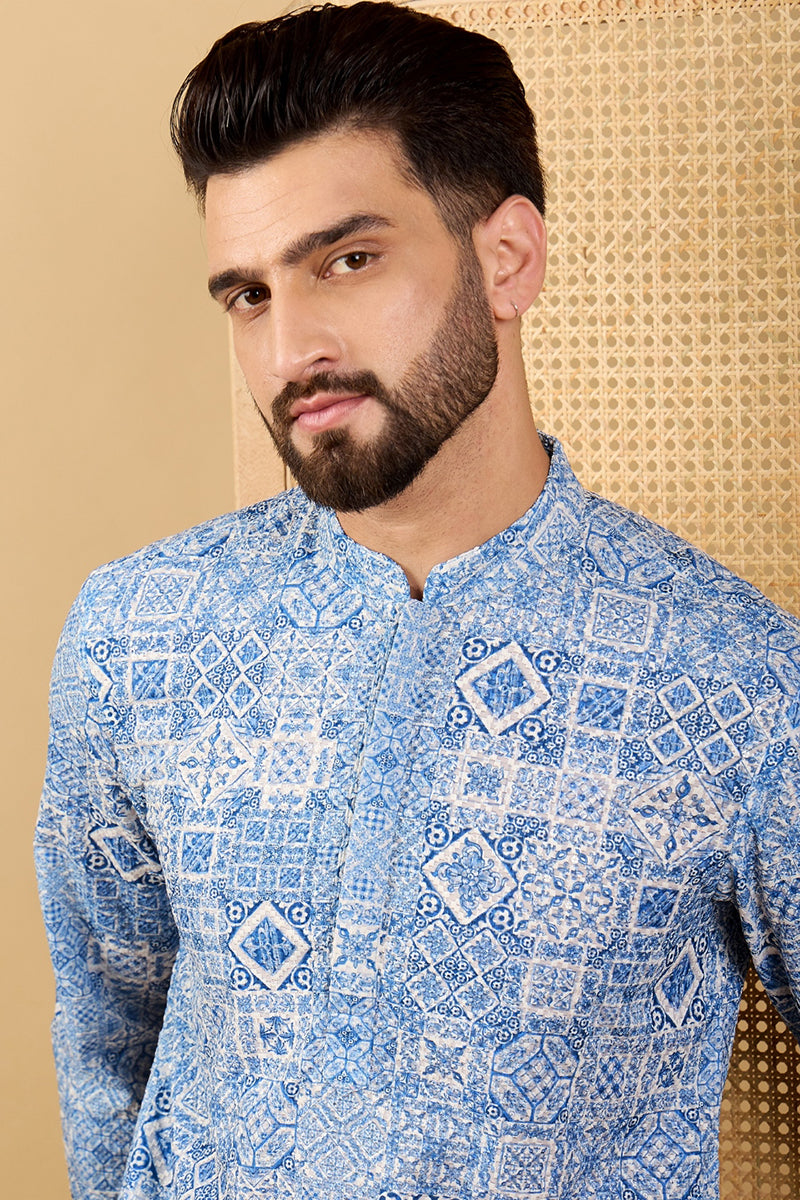 Blue Viscose Rayon Geometric Embroidered Straight Kurta with Trouser MKSET1036