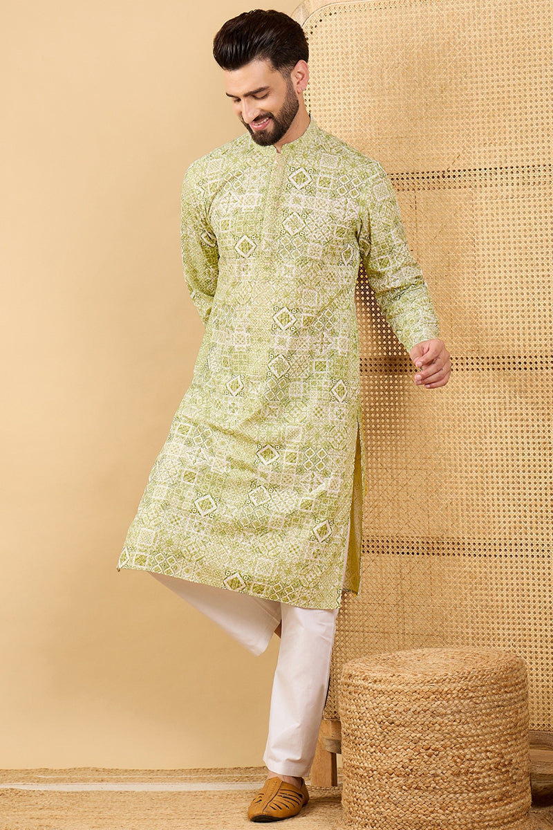 olive green viscose rayon geometric embroidered straight chikankari kurta