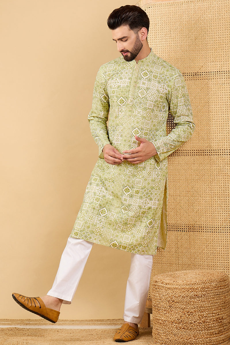 olive green viscose rayon geometric embroidered straight chikankari kurta