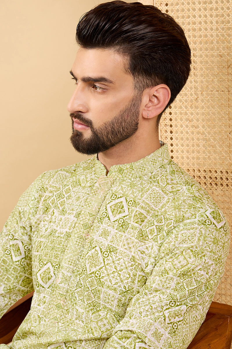 olive green viscose rayon geometric embroidered straight chikankari kurta