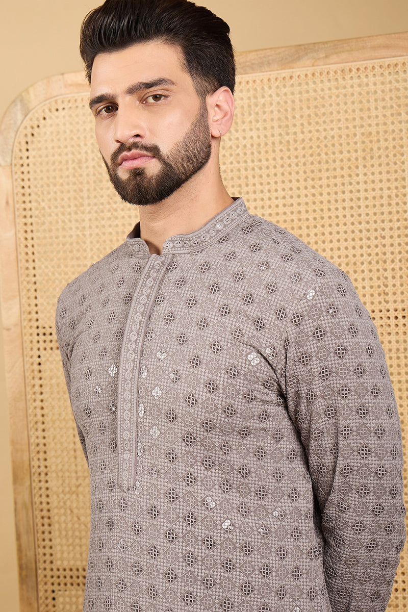 grey viscose rayon solid embroidered straight chikankari kurta
