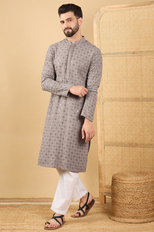 grey viscose rayon solid embroidered straight chikankari kurta