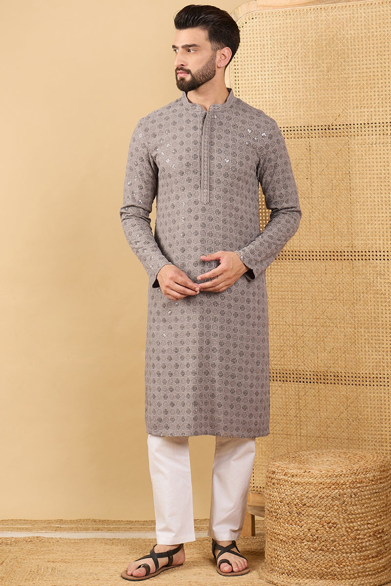 grey viscose rayon solid embroidered straight chikankari kurta