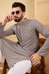 grey viscose rayon solid embroidered straight chikankari kurta