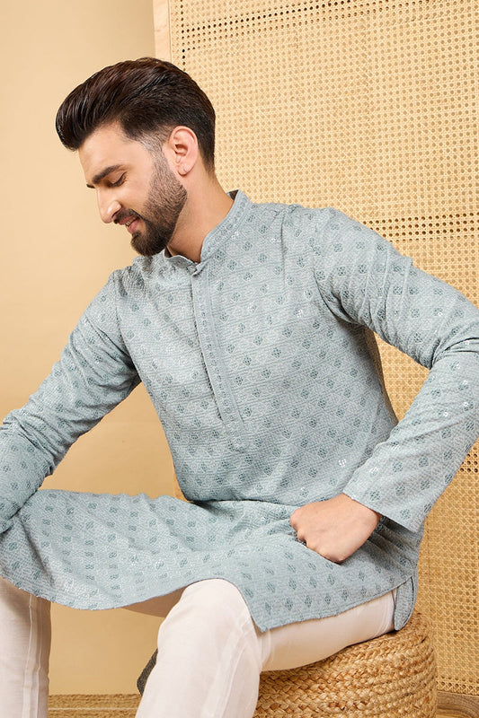 grey viscose rayon solid embroidered straight chikankari kurta