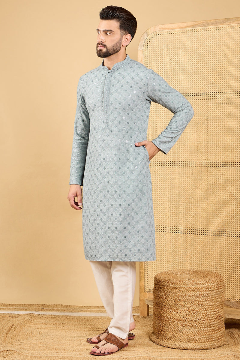 grey viscose rayon solid embroidered straight chikankari kurta