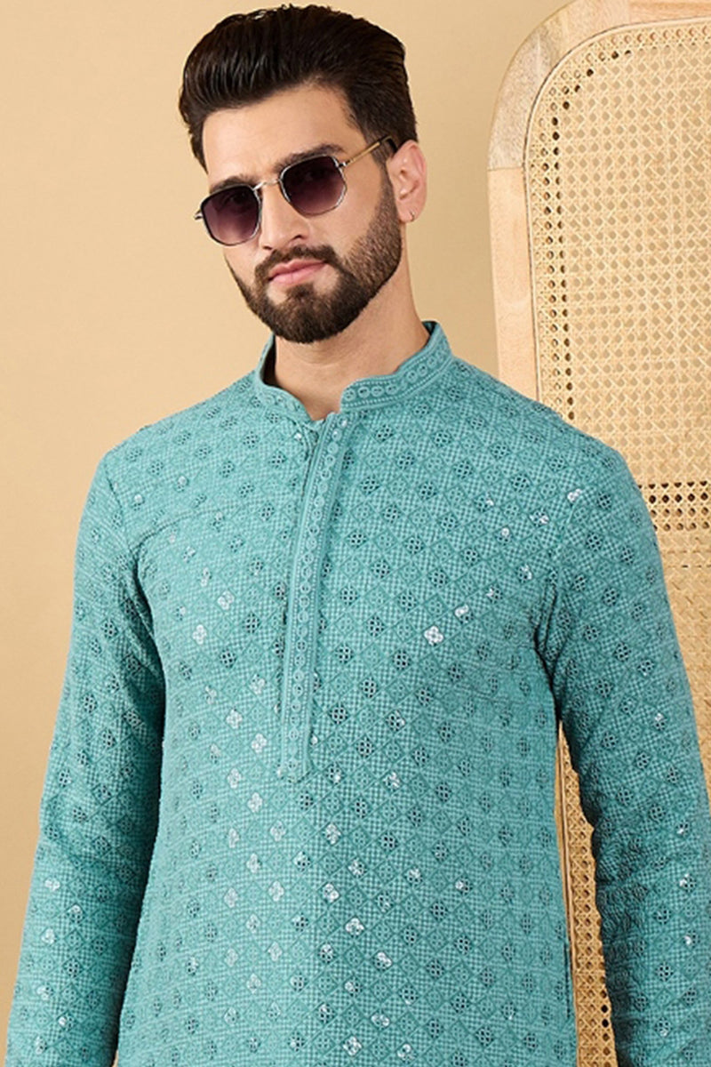 turquoise blue viscose rayon solid embroidered straight chikankari kurta
