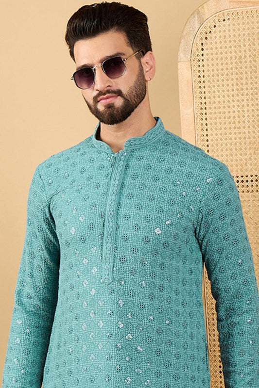 turquoise blue viscose rayon solid embroidered straight chikankari kurta