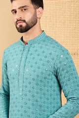 turquoise blue viscose rayon solid embroidered straight chikankari kurta