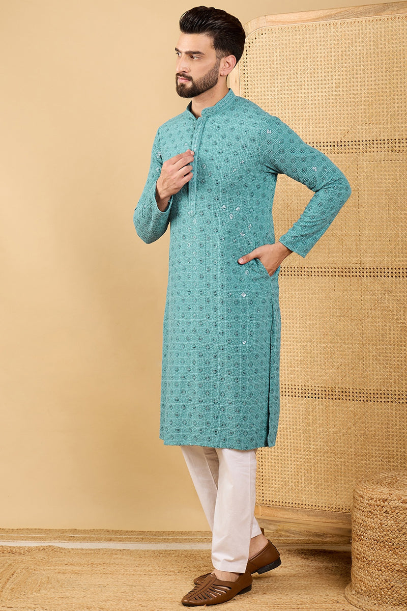turquoise blue viscose rayon solid embroidered straight chikankari kurta