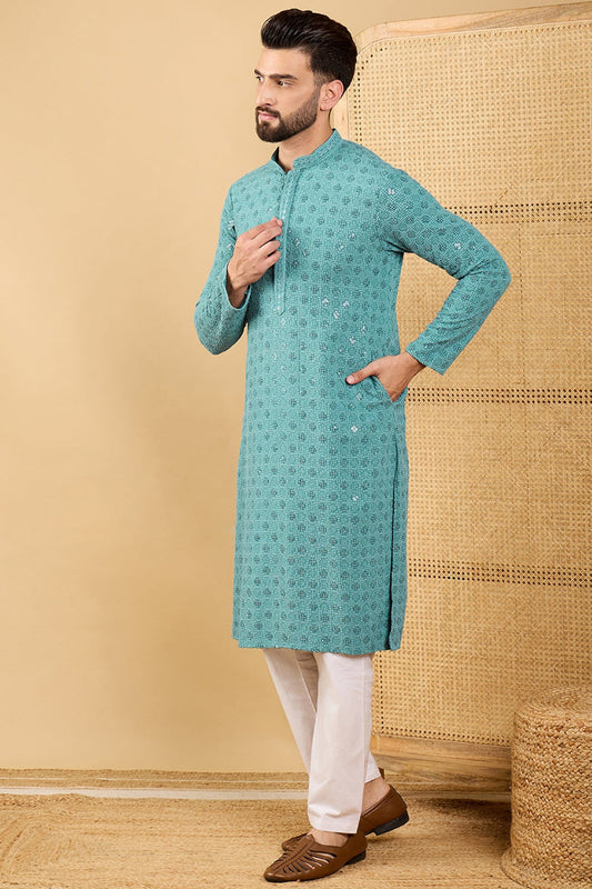 turquoise blue viscose rayon solid embroidered straight chikankari kurta
