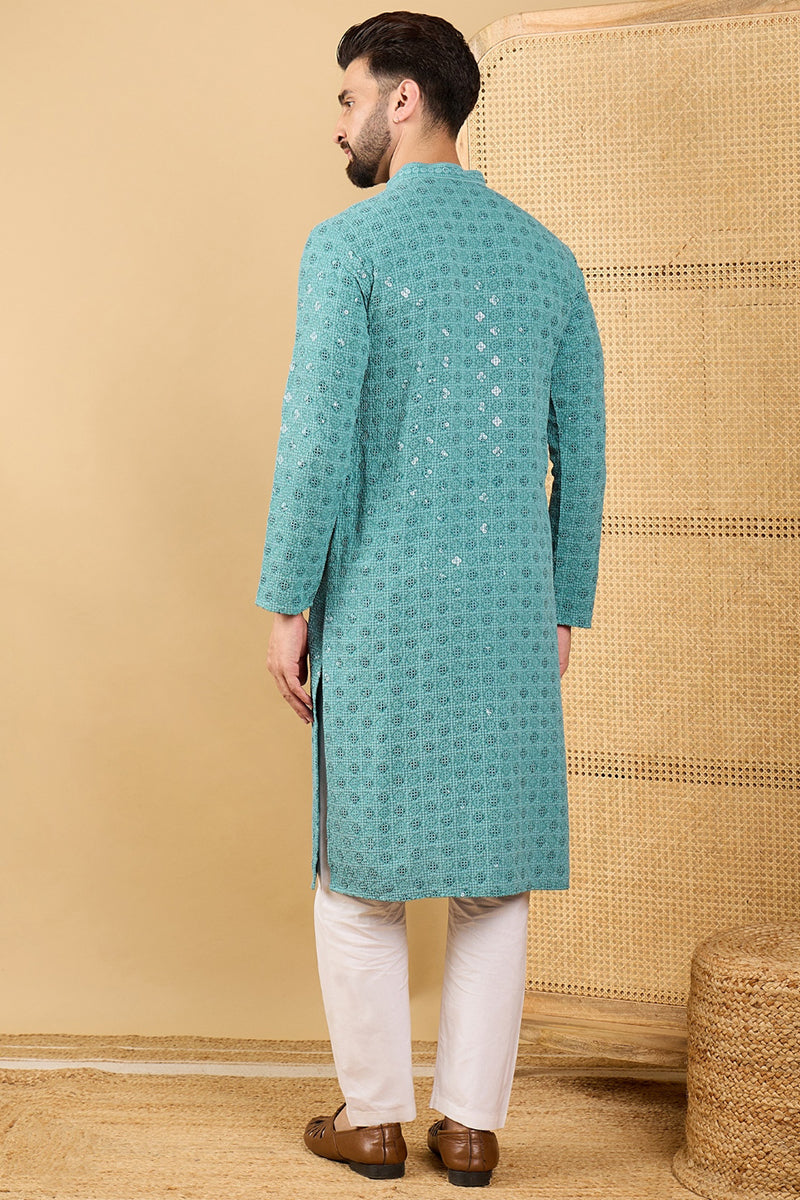 turquoise blue viscose rayon solid embroidered straight chikankari kurta
