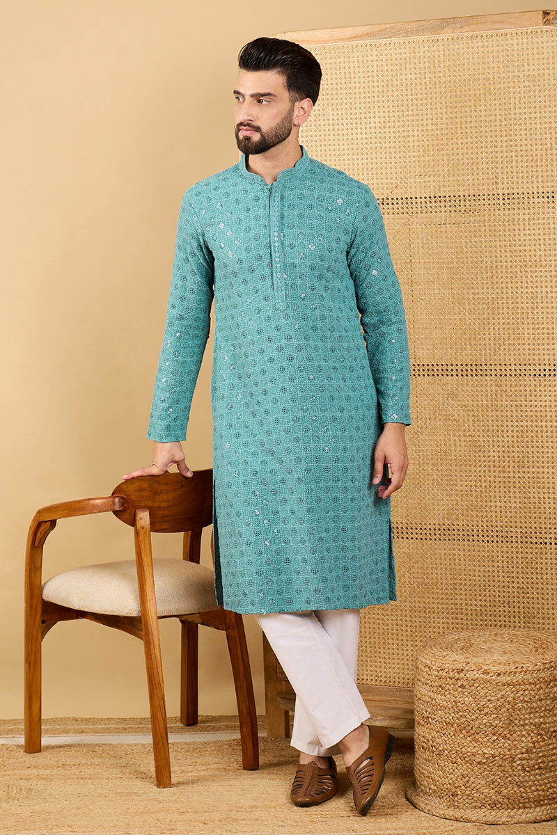 turquoise blue viscose rayon solid embroidered straight chikankari kurta