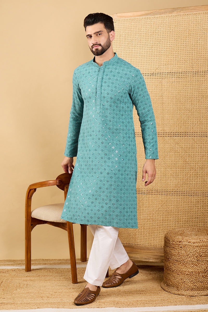 turquoise blue viscose rayon solid embroidered straight chikankari kurta