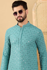 turquoise blue viscose rayon solid embroidered straight chikankari kurta