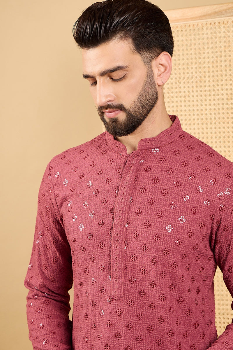 red viscose rayon solid embroidered straight chikankari kurta