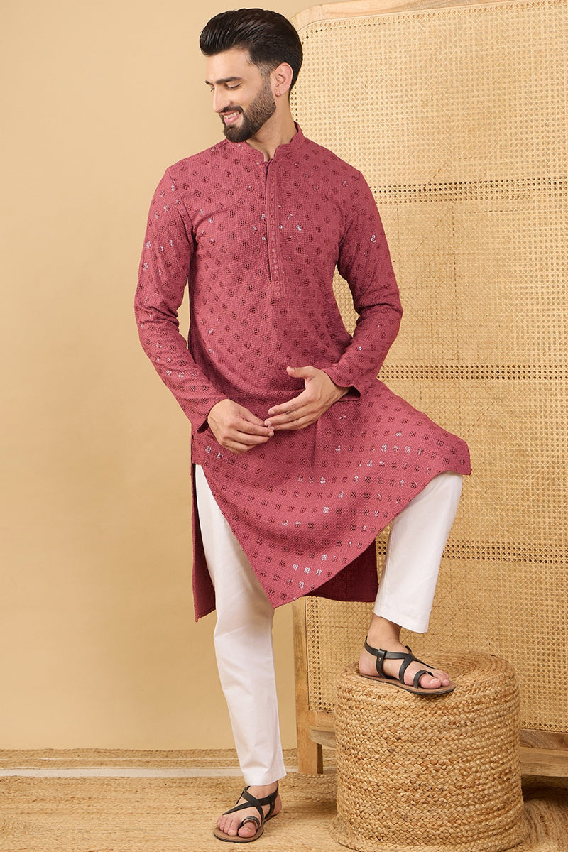 red-viscose-rayon-solid-embroidered-straight-kurta-with-trouser-mkset1057