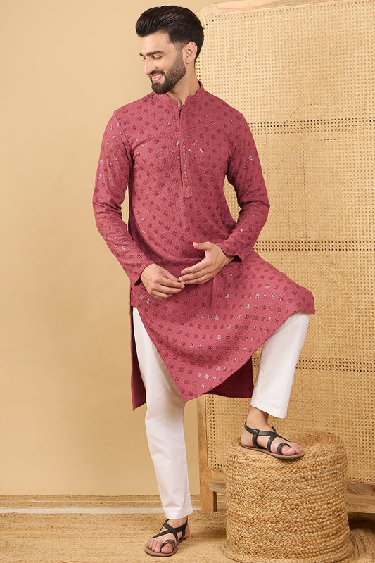 red viscose rayon solid embroidered straight chikankari kurta