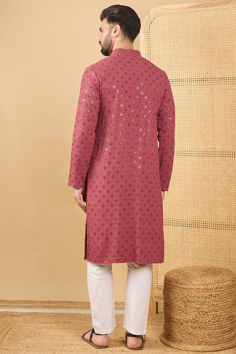 red viscose rayon solid embroidered straight chikankari kurta