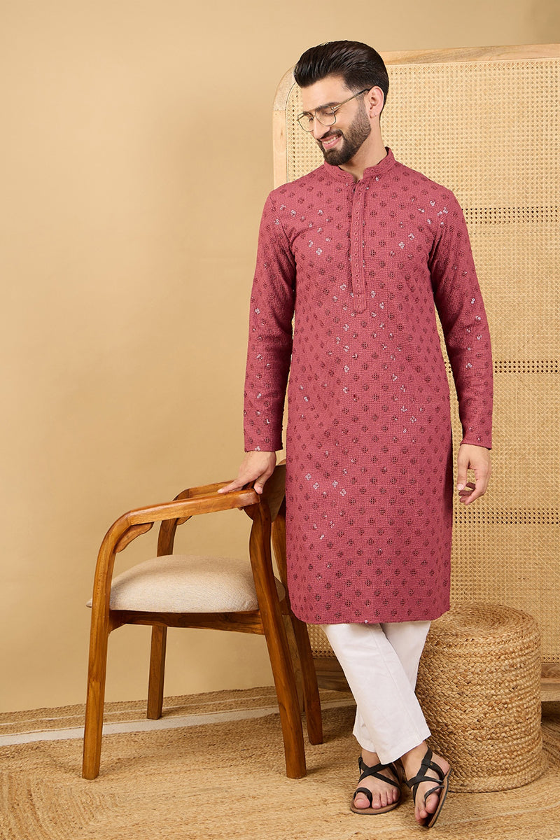 red viscose rayon solid embroidered straight chikankari kurta