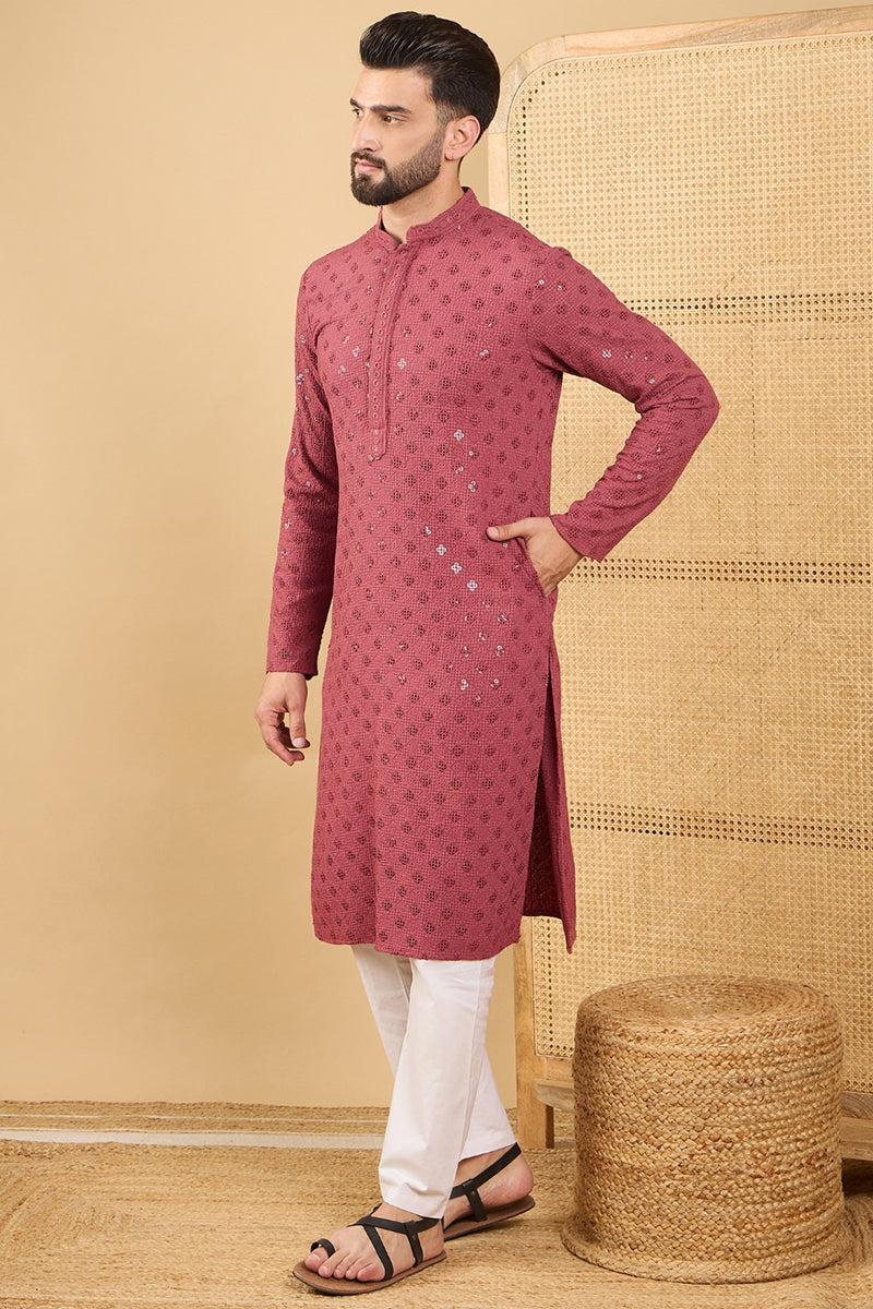 red viscose rayon solid embroidered straight chikankari kurta