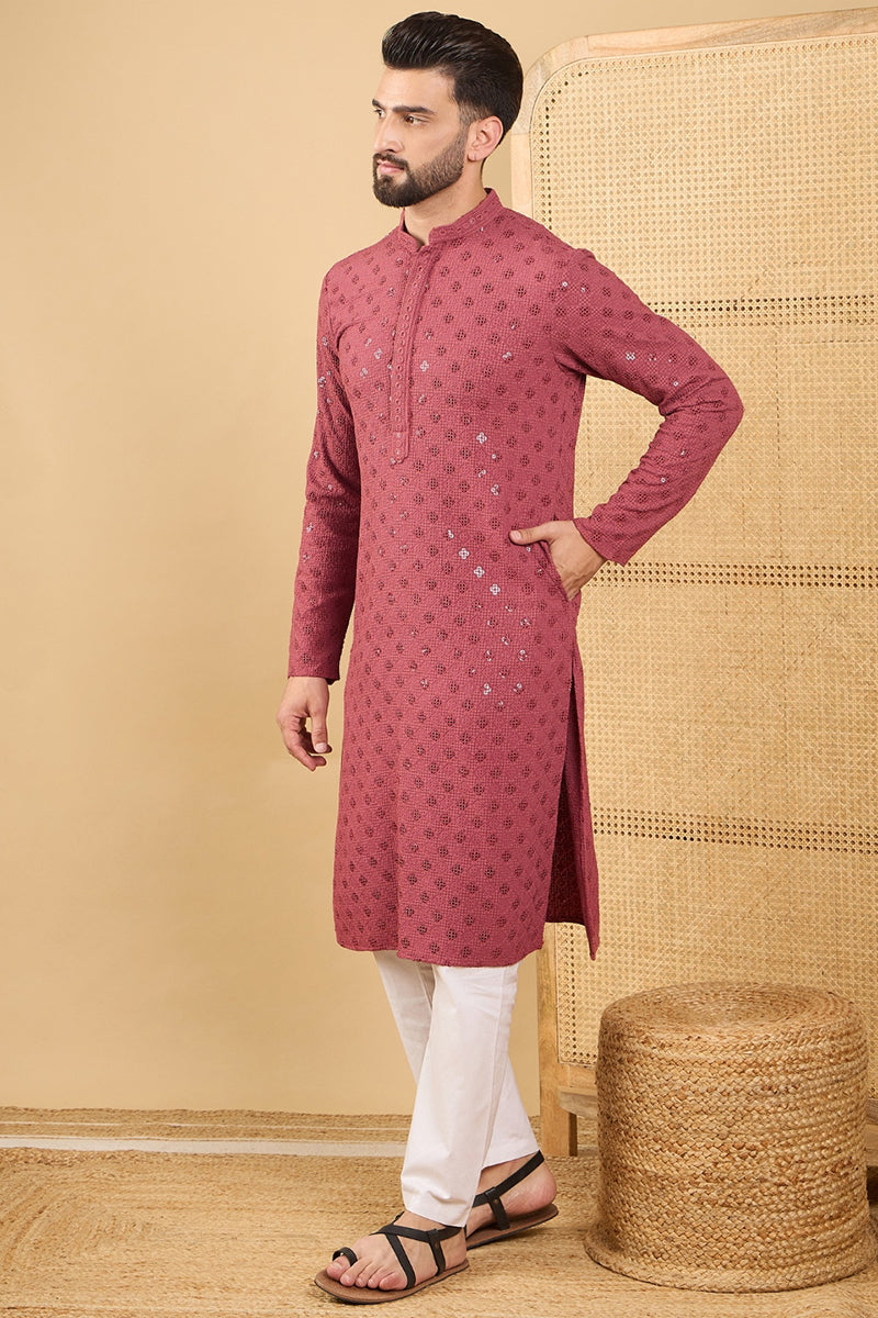 red-viscose-rayon-solid-embroidered-straight-kurta-with-trouser-mkset1057
