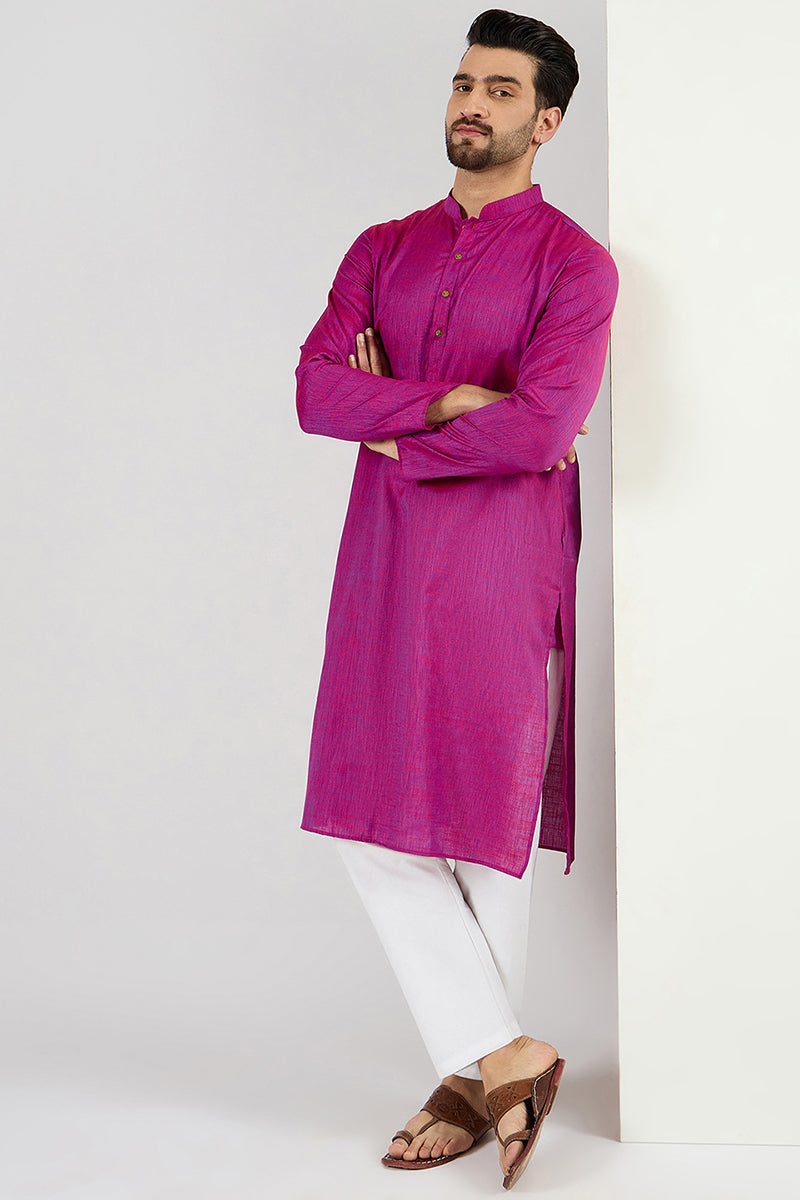 Men Pink Cotton Solid Woven Design Straight Kurta