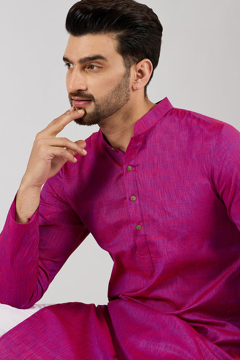 Men Pink Cotton Solid Woven Design Straight Kurta