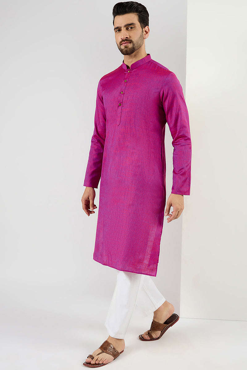 Men Pink Cotton Solid Woven Design Straight Kurta